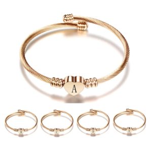 Beautiful Heart Bracelet Bangle With Initial Letters — Gold Color Stainless Steel