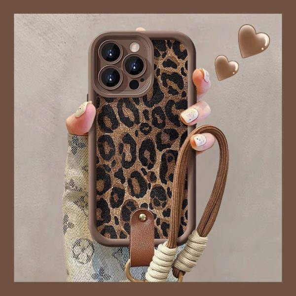 Leopard Print iPhone 16 Case with Rope Wrist Strap – Soft Silicone Protective Cover