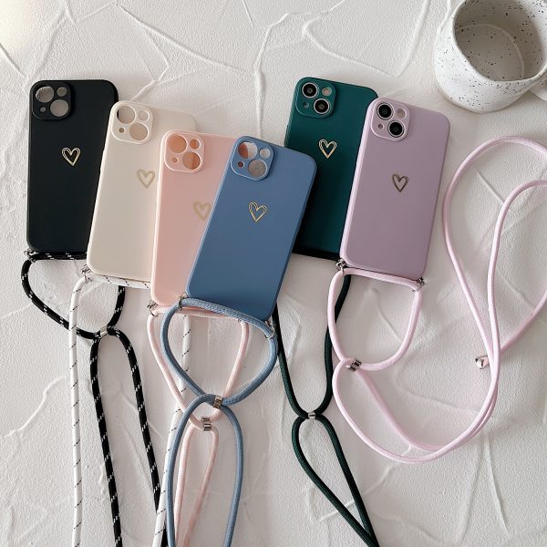 Gold Heart iPhone Case with Crossbody Lanyard – Matte Silicone Protective Cover