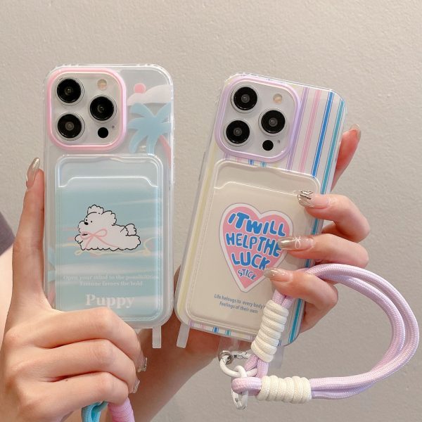 Cute Cartoon iPhone Case with Card Holder & Wrist Strap – Soft TPU Protective Cover