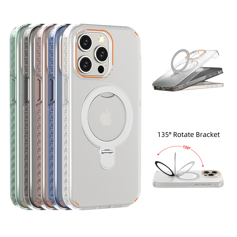 MagSafe-Compatible iPhone Case with 135° Rotating Ring Stand – Transparent Shockproof Cover