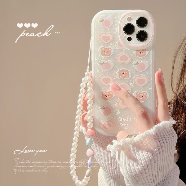 Cute Peach Bear iPhone Case with Pearl Wrist Strap – Soft TPU Protective Cover