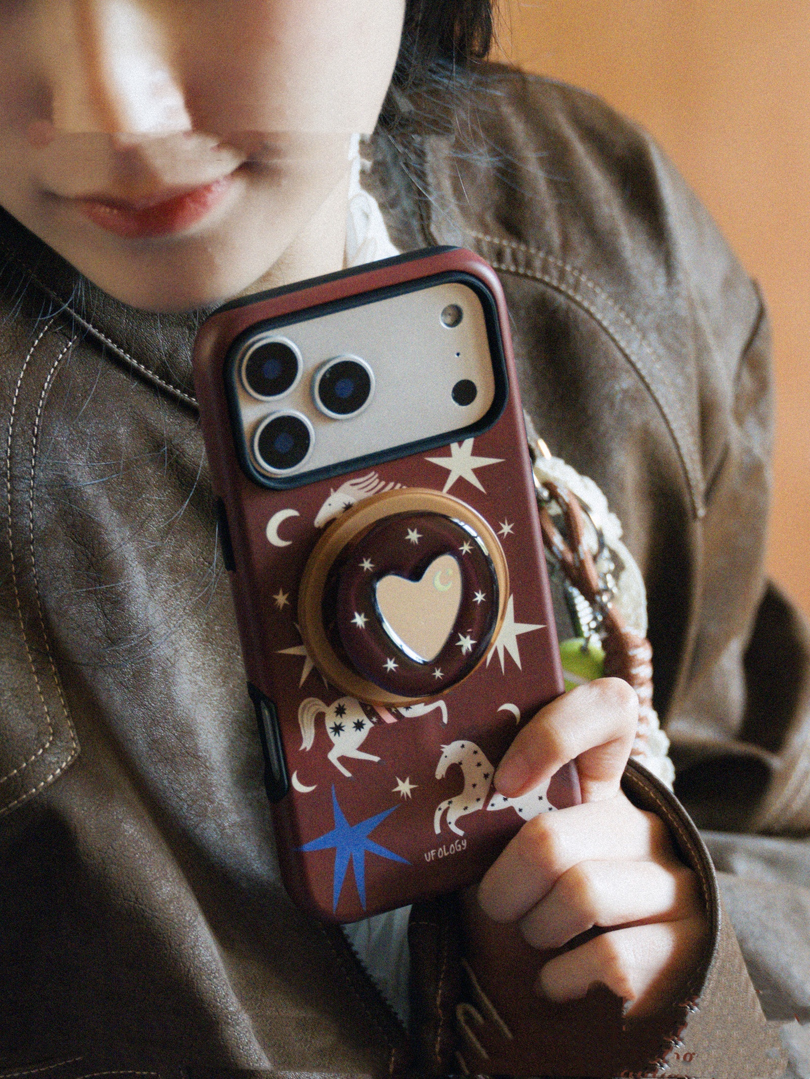 Starry Pegasus iPhone Case with Heart Ring Holder – Red Acrylic Protective Cover - Image 3