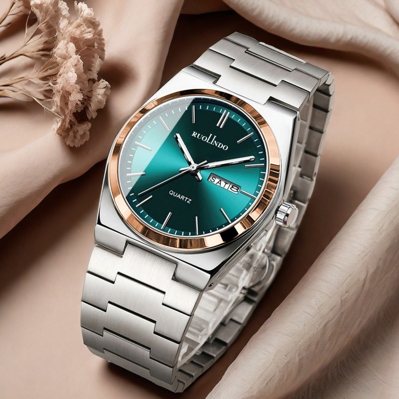 Men’s Slim Quartz Watch with Day-Date Display – Stainless-Steel Butterfly-Clasp Wristwatch