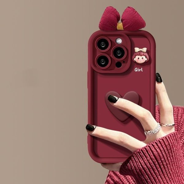 Wine Red 3D Girl & Heart iPhone Case – Soft Silicone Cover with Optional Bow