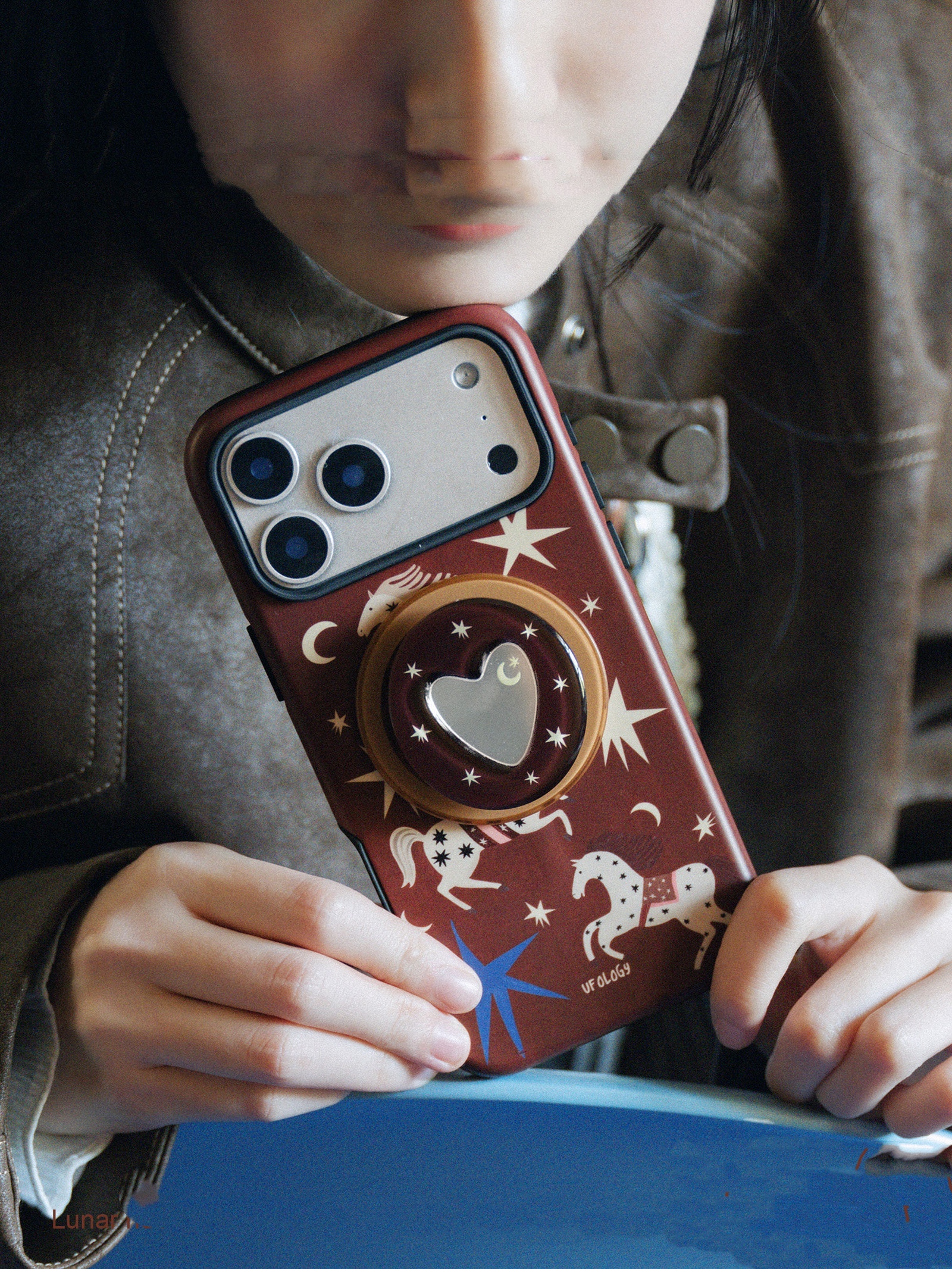 Starry Pegasus iPhone Case with Heart Ring Holder – Red Acrylic Protective Cover - Image 4