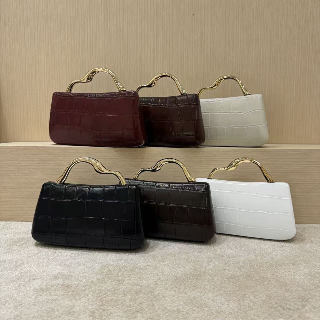 Women’s Crocodile-Embossed Structured Evening Bag with Gold-Tone Handle - Image 2