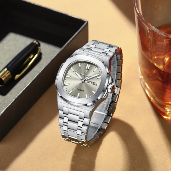 Men’s Luminous Quartz Watch – 44mm Day-Date Steel Bracelet Wristwatch