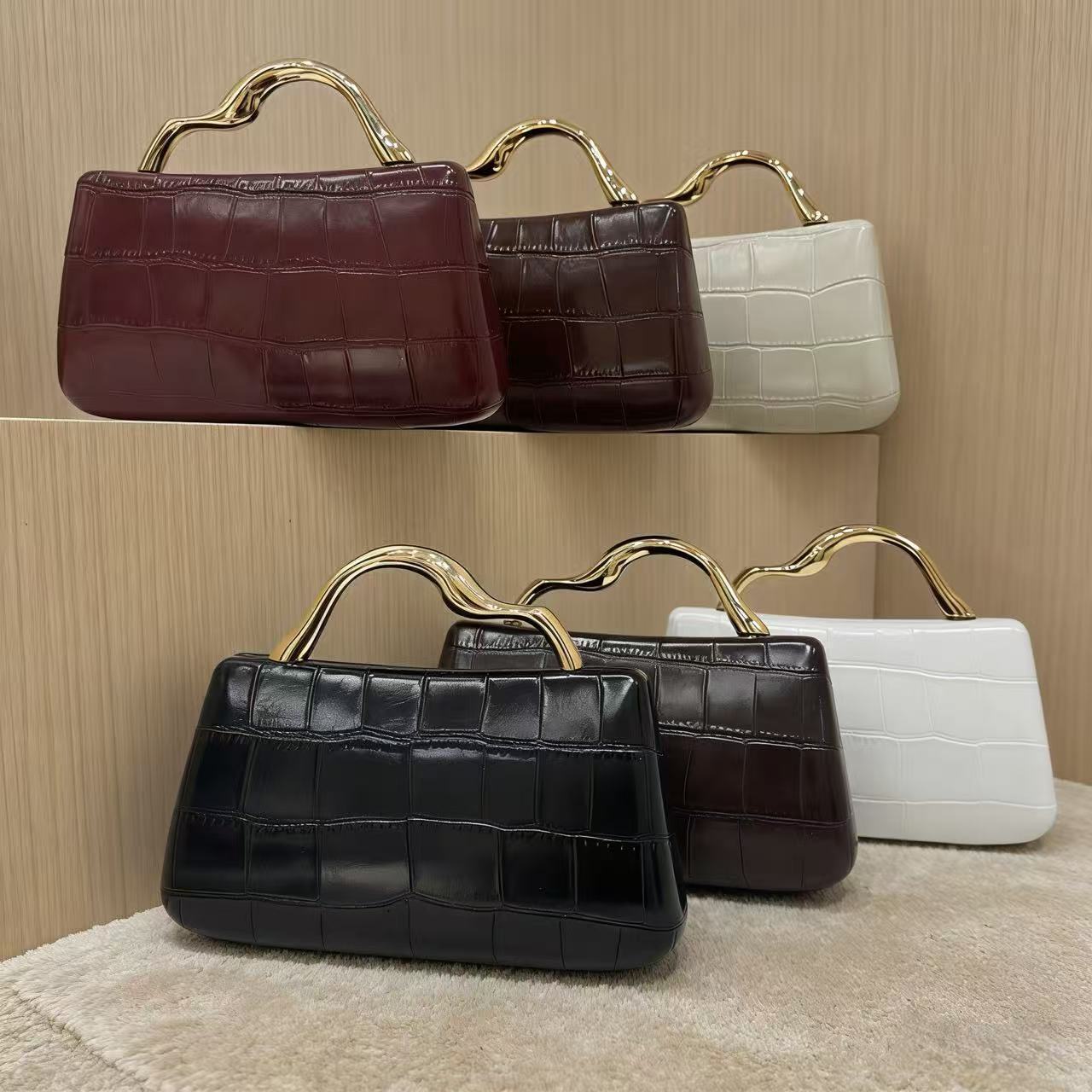 Women’s Crocodile-Embossed Structured Evening Bag with Gold-Tone Handle
