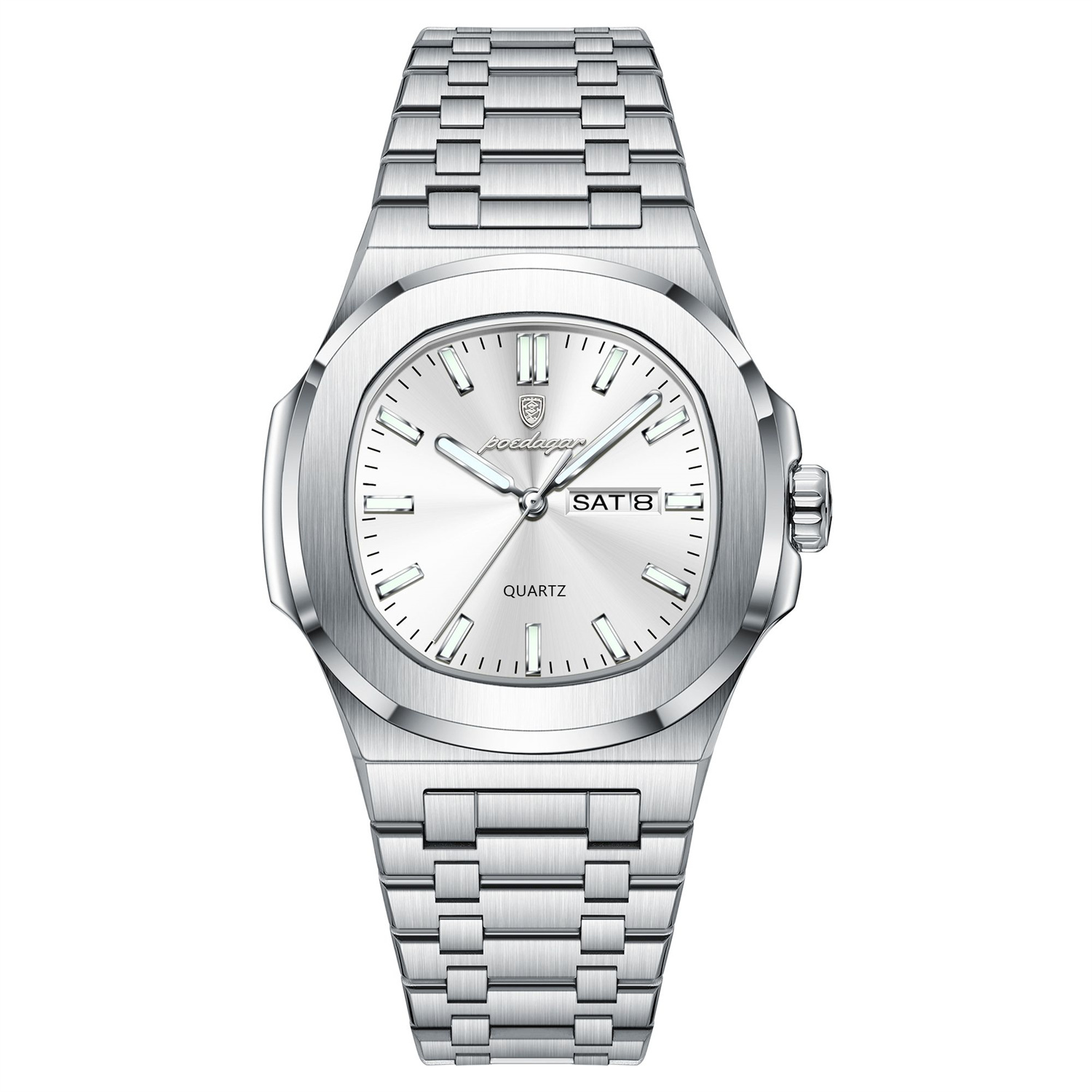 Men’s Luminous Quartz Watch – 44mm Day-Date Steel Bracelet Wristwatch - Image 5