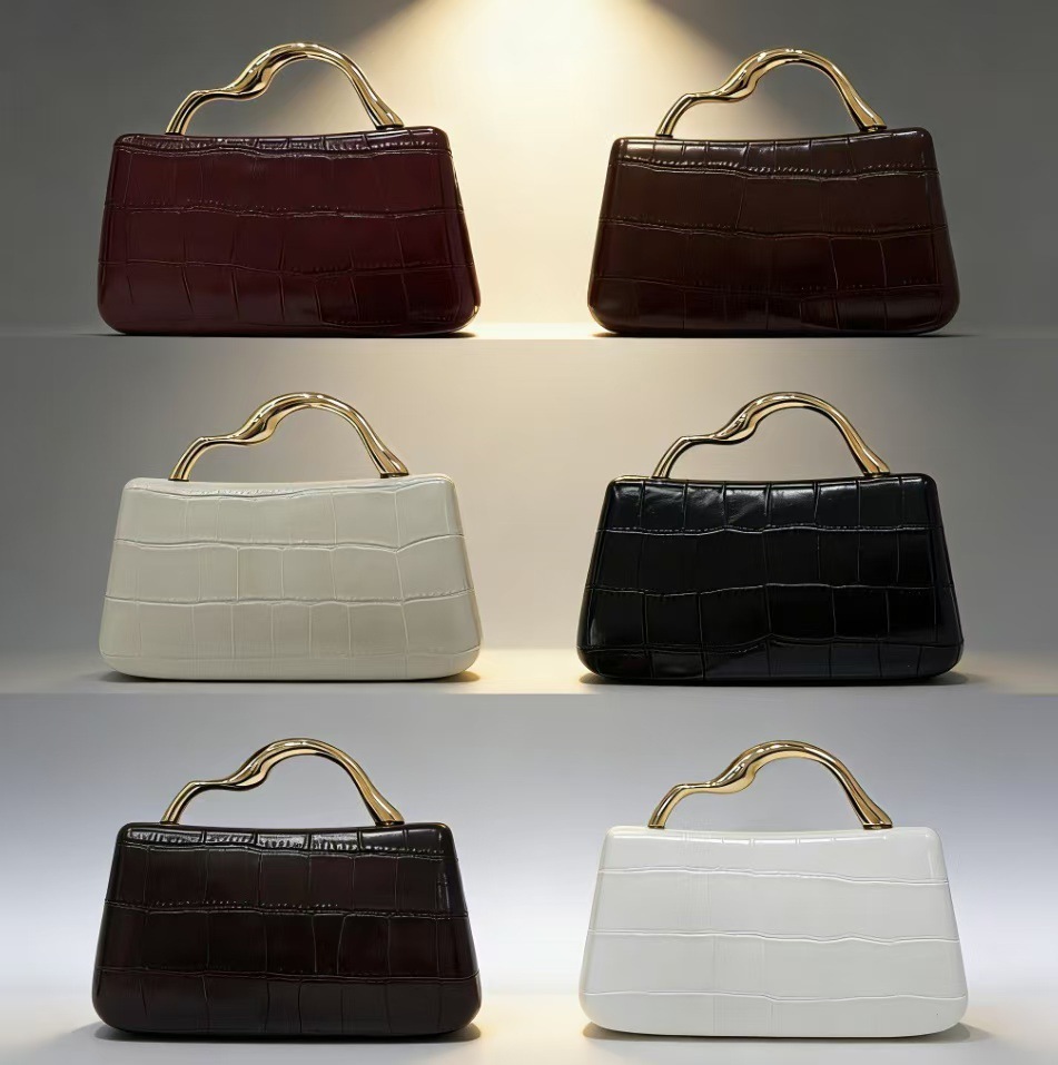Women’s Crocodile-Embossed Structured Evening Bag with Gold-Tone Handle - Image 3