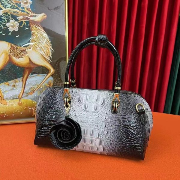 Women’s Crocodile-Embossed PU Leather Bowler Handbag