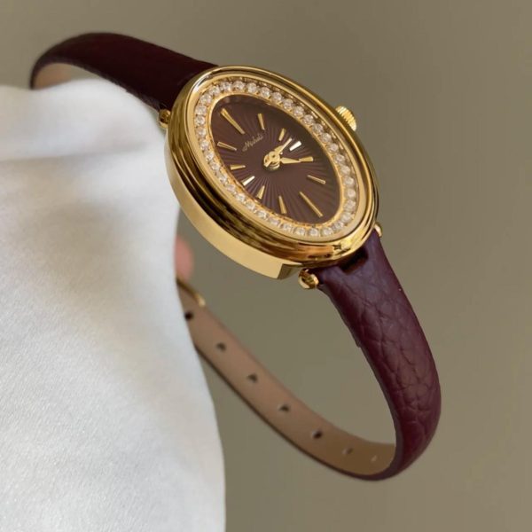 Women’s Vintage Oval-Dial Watch with Microfiber Strap
