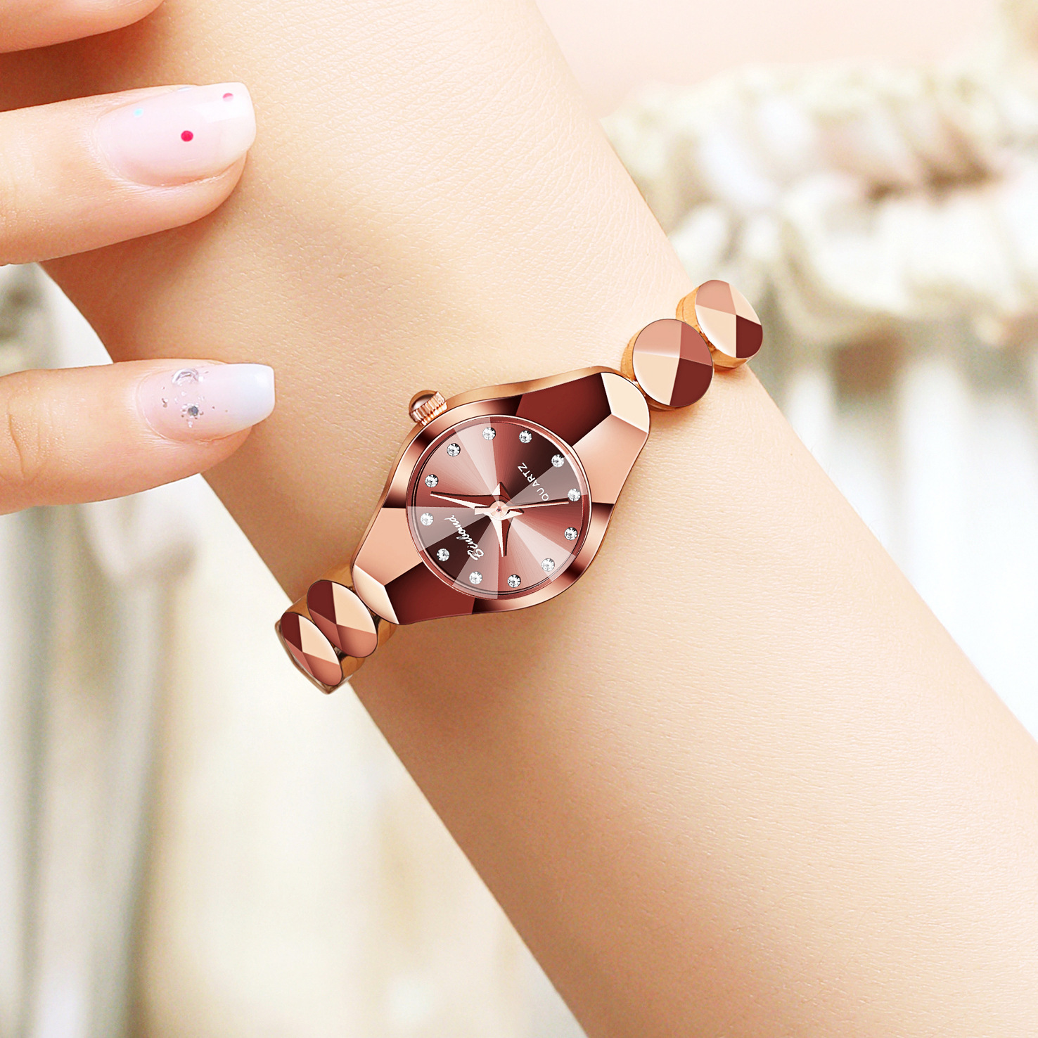 Women’s Faceted Dial Bracelet Watch with Geometric Link Band