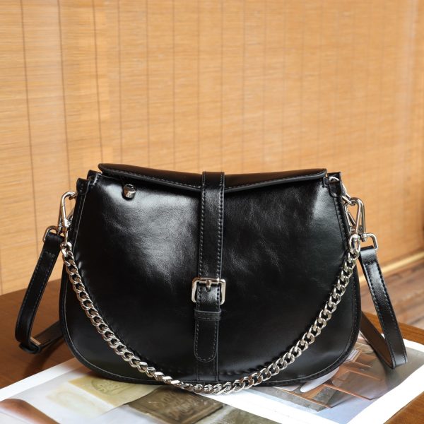 Women’s Top-Grain Leather Saddle Crossbody Bag with Chain Detail