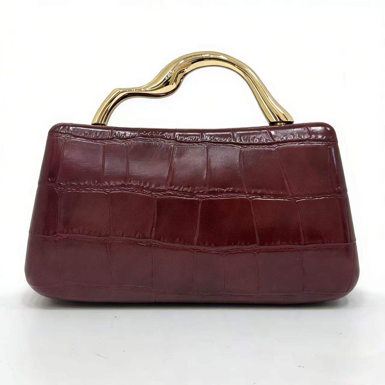 Women’s Crocodile-Embossed Structured Evening Bag with Gold-Tone Handle - Image 7