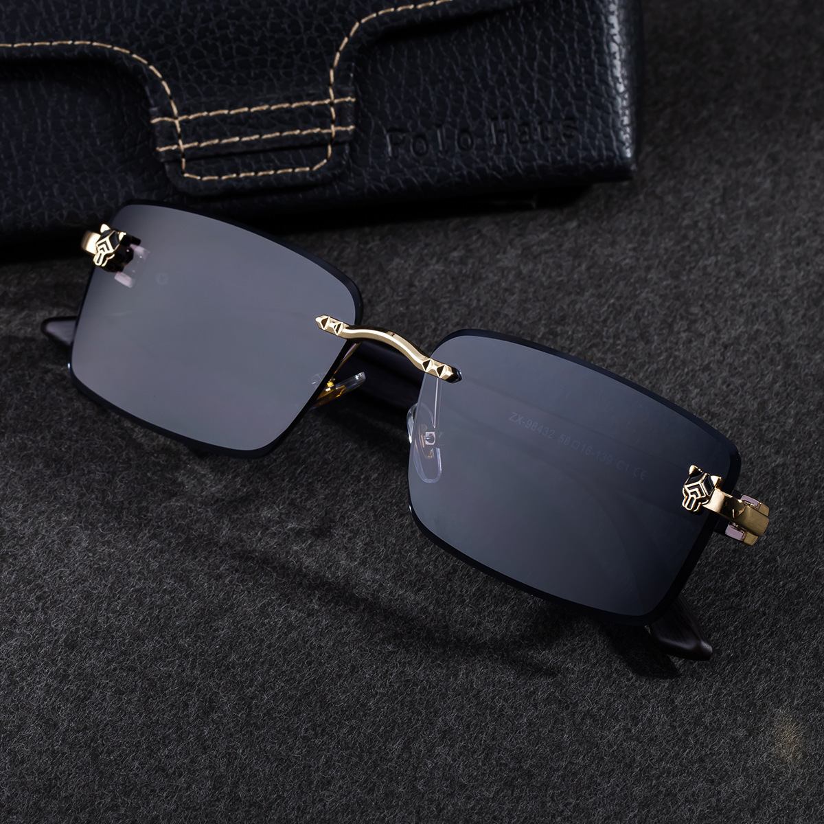 Men’s Rimless Rectangular Sunglasses with Retro Wood-Grain Temples - Image 3