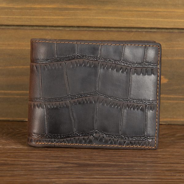 Coffee Brown Crocodile-Pattern Cowhide Leather Bifold Wallet