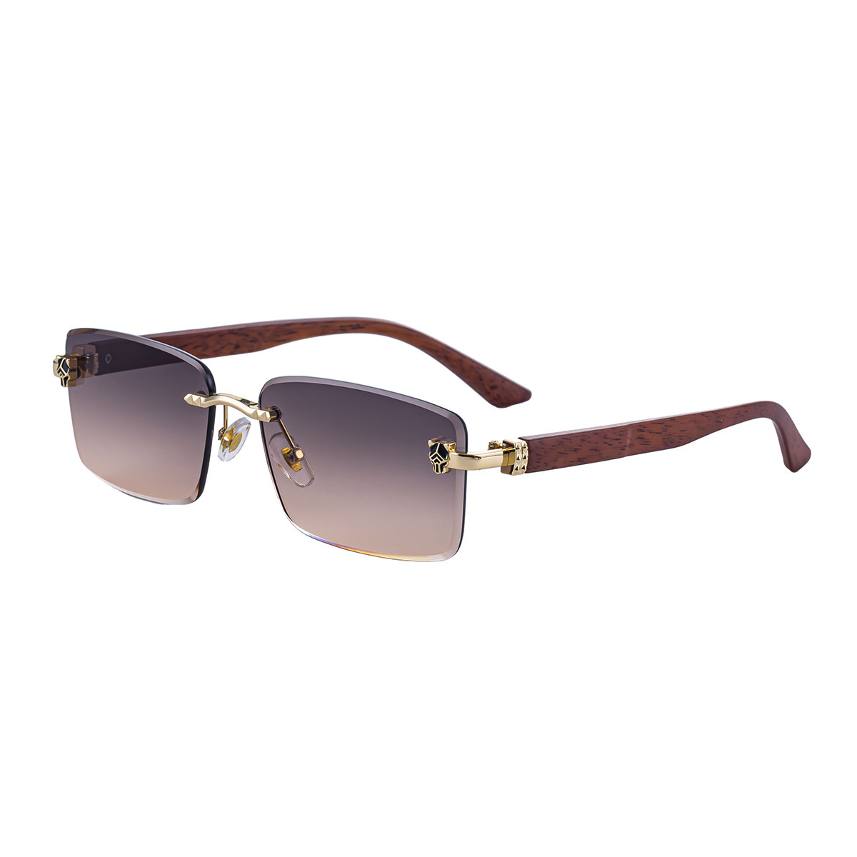 Men’s Rimless Rectangular Sunglasses with Retro Wood-Grain Temples - Image 4