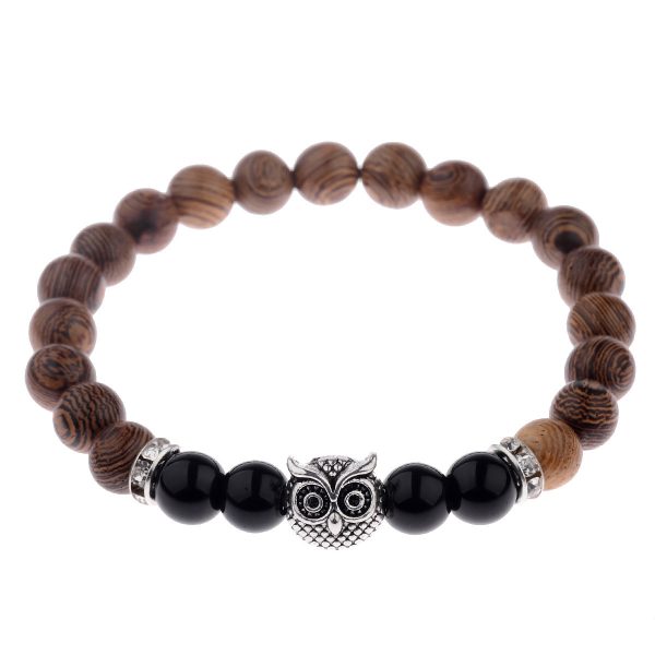Owl Frosted Stone and Wood-Grain Bracelet
