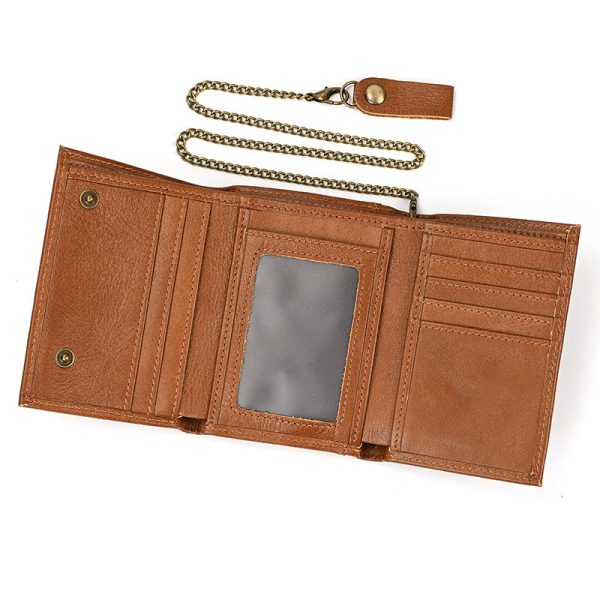 Men’s Cowhide Leather Trifold Wallet with Metal Chain