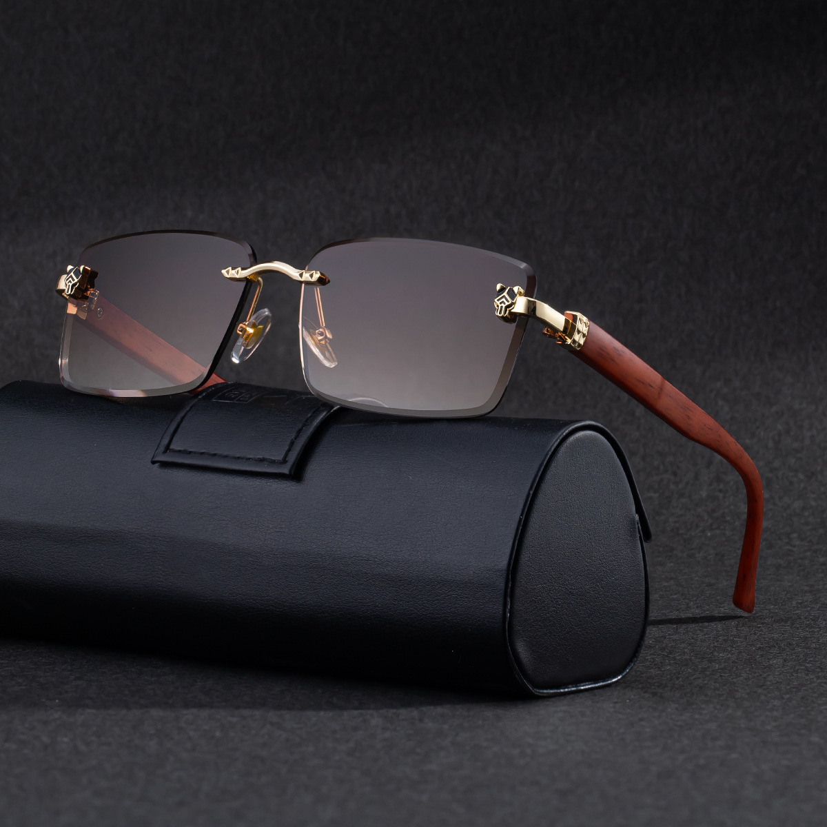 Men’s Rimless Rectangular Sunglasses with Retro Wood-Grain Temples - Image 6