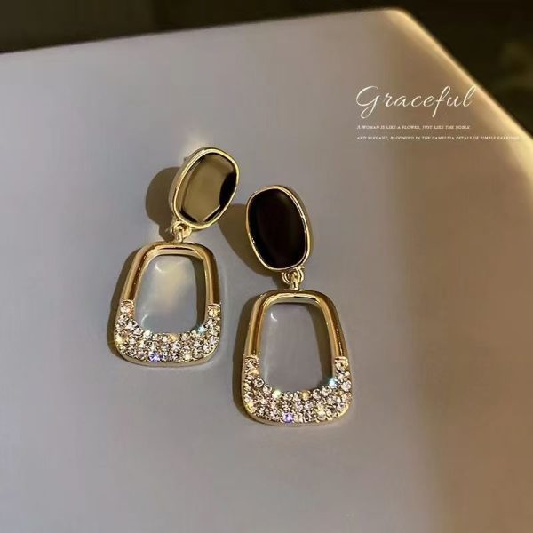 Women’s Black Geometric Drop Earrings with Sparkling Rhinestone Detail