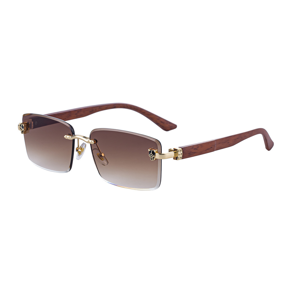 Men’s Rimless Rectangular Sunglasses with Retro Wood-Grain Temples - Image 5