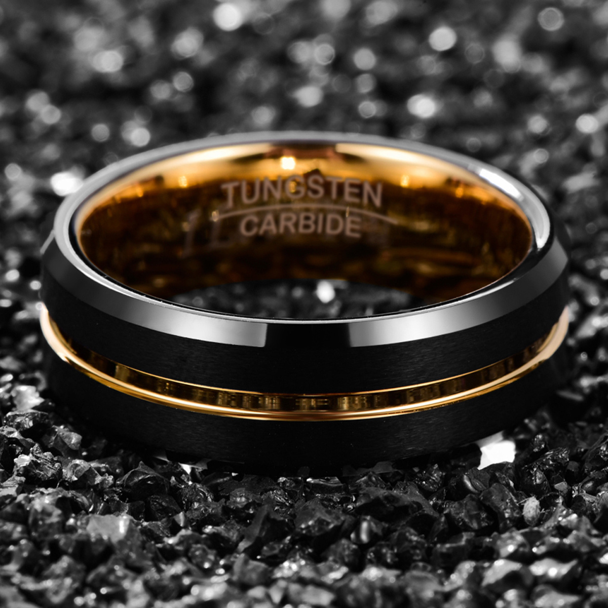 Black and Gold Frosted Tungsten Steel Ring - Image 4