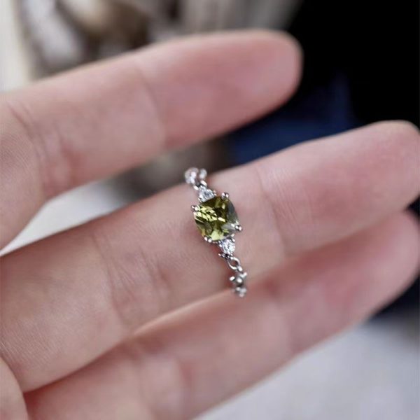 Olive Green Gemstone Open Ring for Women – Dainty Silver-Tone Jewelry
