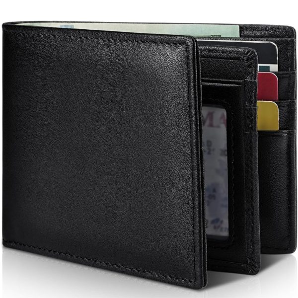 Men’s Genuine Cowhide Leather Bifold Wallet with Card Slots and ID Window