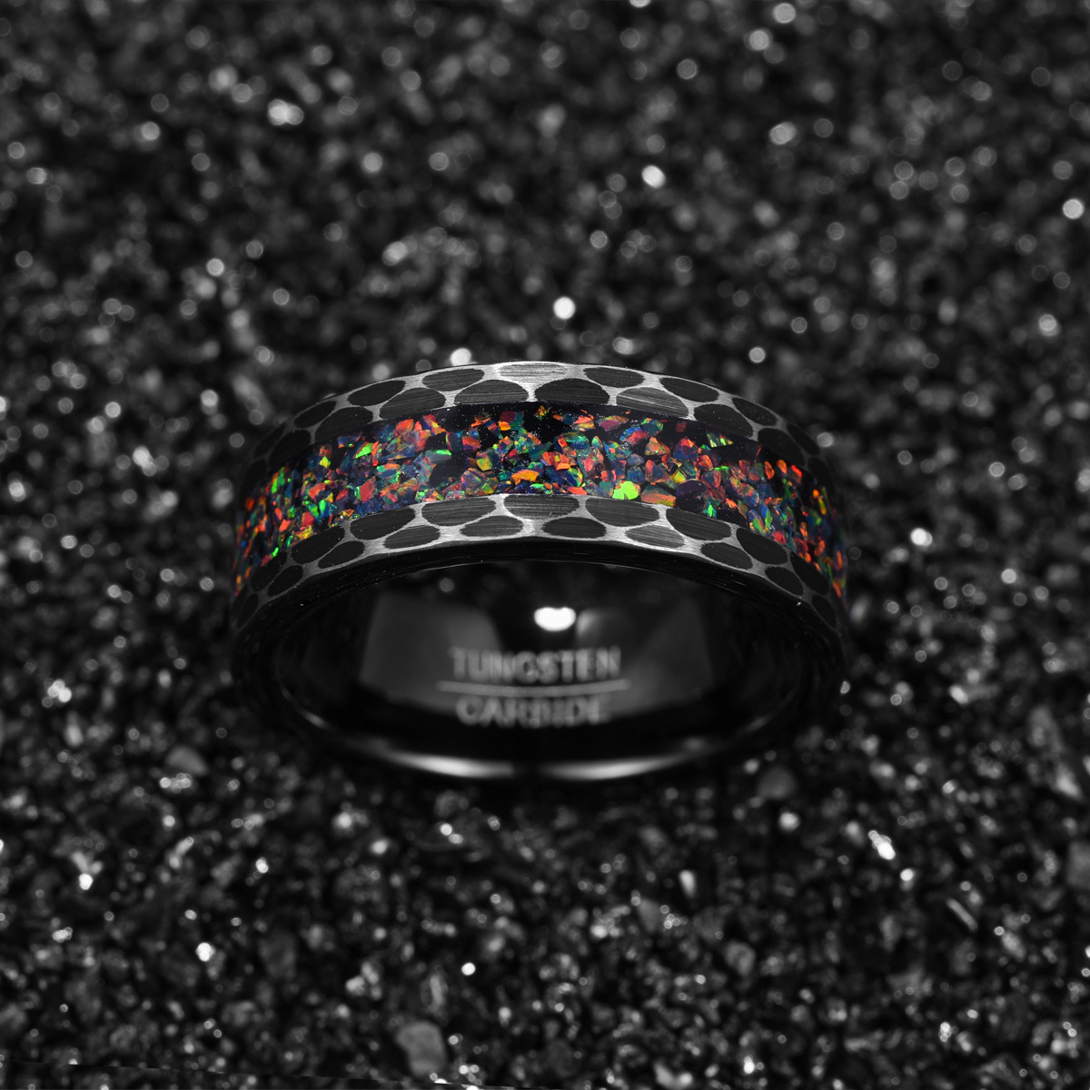 8 mm Black Edge Broken Opal Tungsten Ring - Image 4