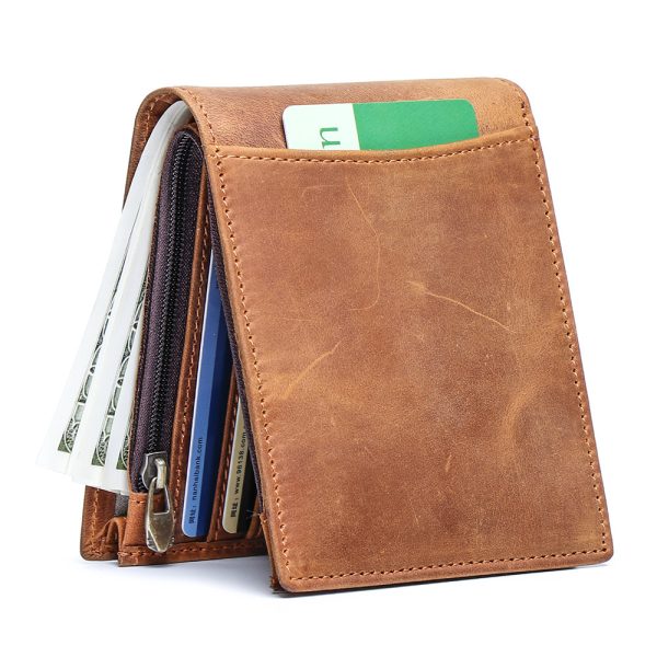 Men’s Genuine Cowhide Leather Bifold Wallet with Multiple Card Slots & ID Window – Retro Brown