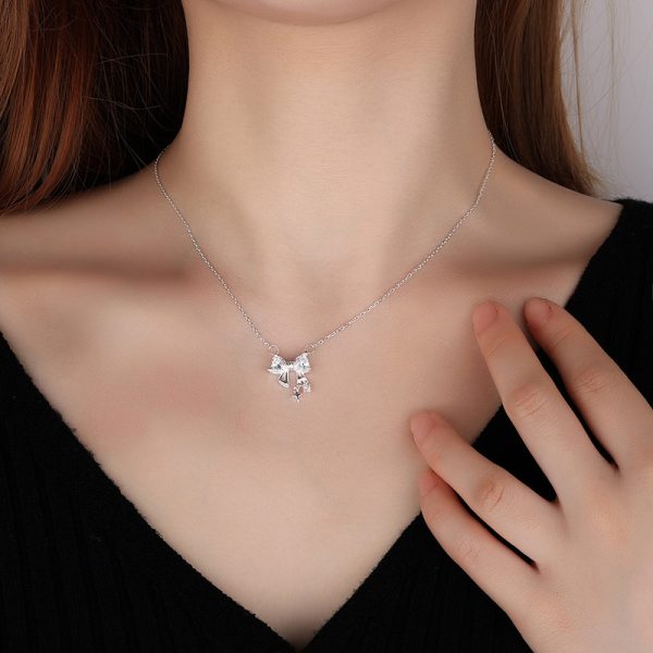 Women’s S999 Silver Bow Pendant Necklace, Dainty Crystal-Detail Clavicle Chain Jewelry