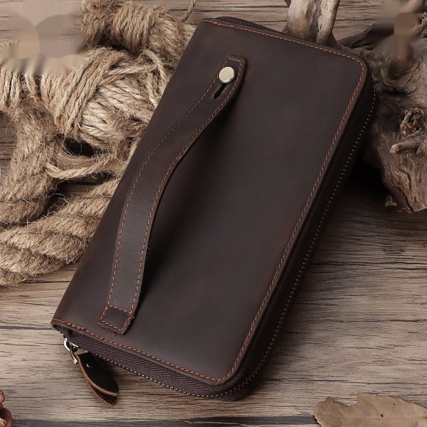 Vintage Cowhide Leather Zip-Around Clutch Wallet with Multiple Card Slots
