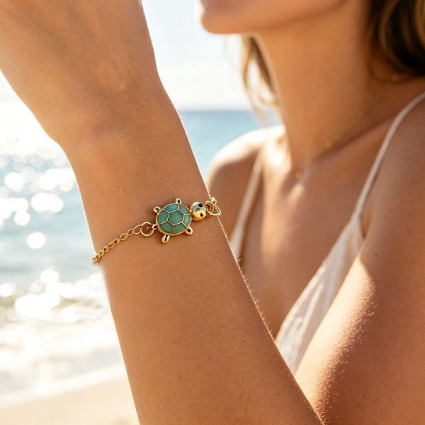 Women’s Enamel Sea Turtle Charm Bracelet, Adjustable Gold-Tone Coastal Summer Jewelry Gift