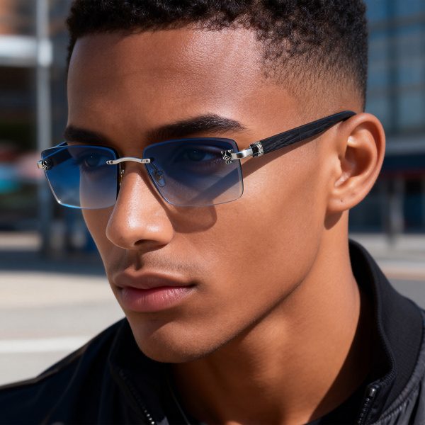 Men’s Rimless Rectangular Sunglasses with Retro Wood-Grain Temples