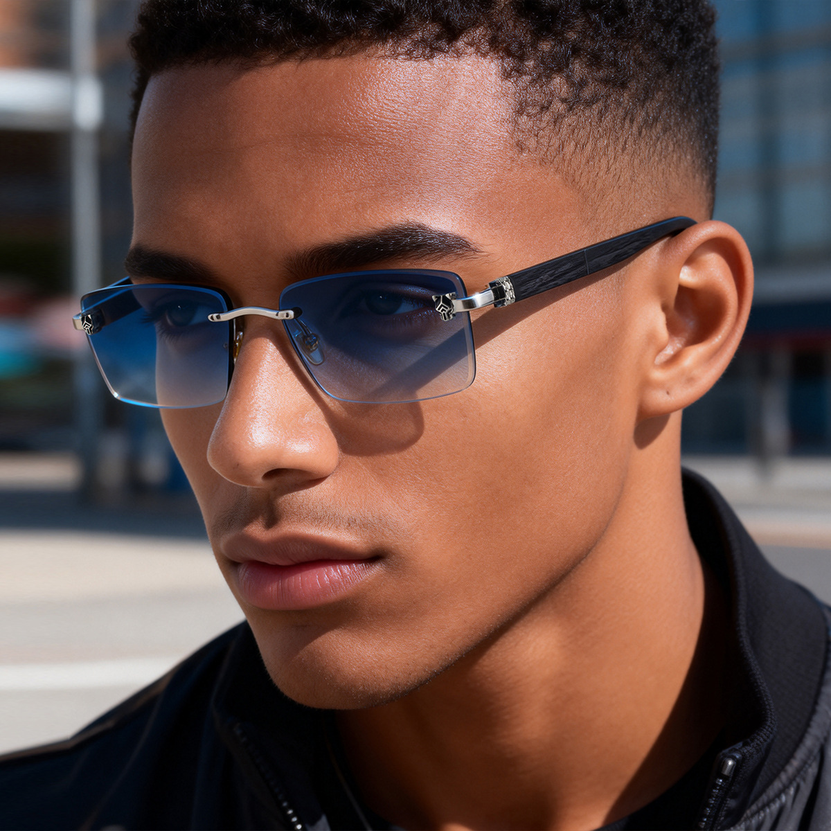Men’s Rimless Rectangular Sunglasses with Retro Wood-Grain Temples