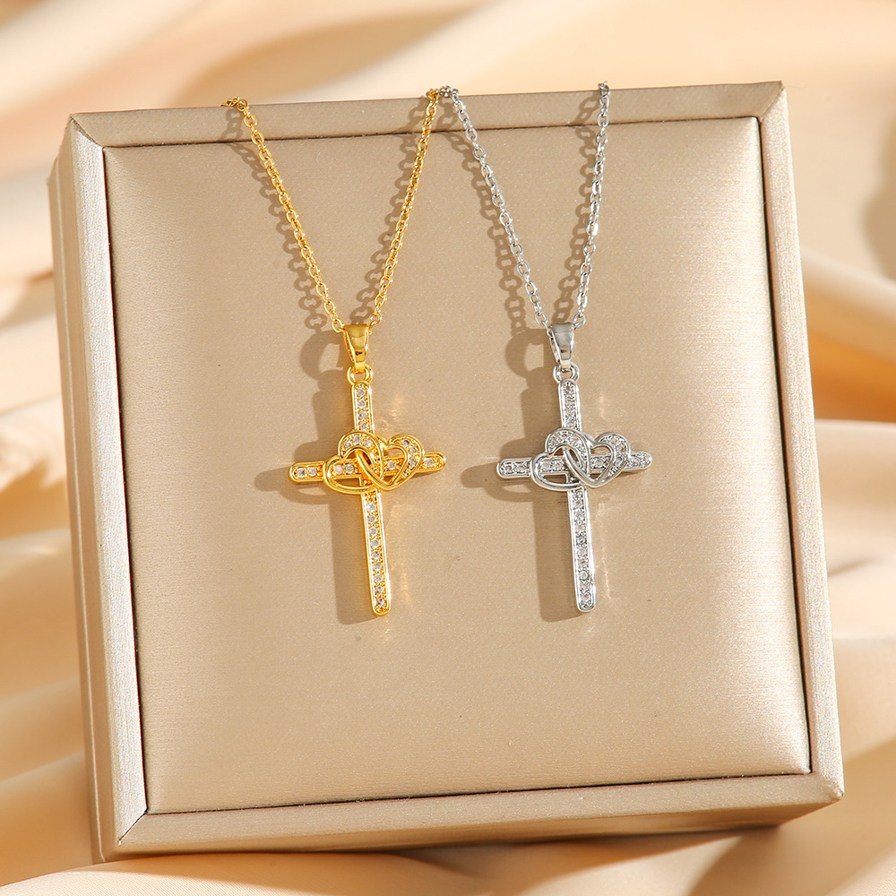 Cross and Heart Zircon-Style Pendant Necklace