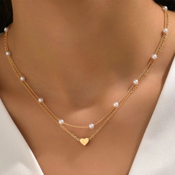 Double-Layer Twin Pearl Heart Necklace