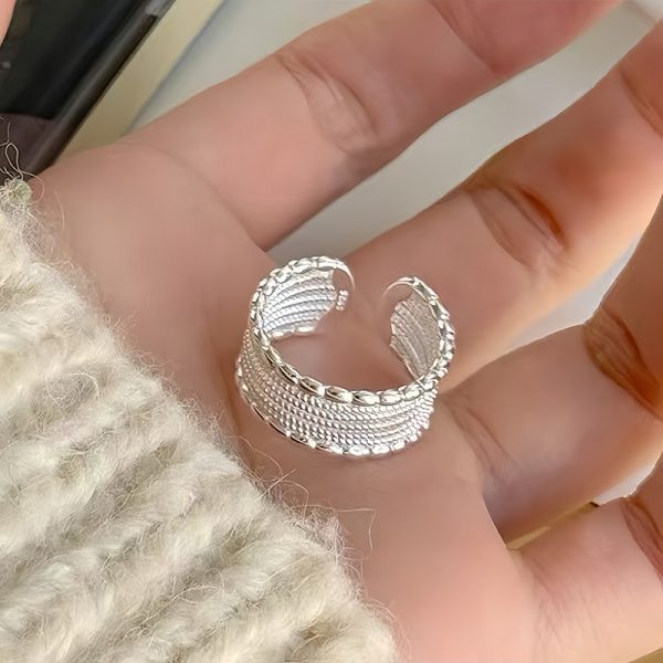 925 Silver Textured Open Ring for Women, Minimalist Vintage Finger Jewelry