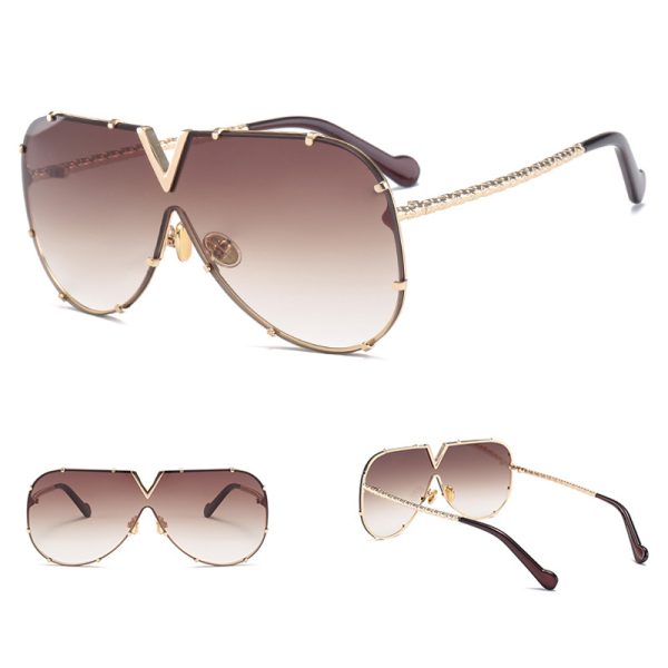Unisex Oversized Rimless Shield Sunglasses with V-Shaped Detail