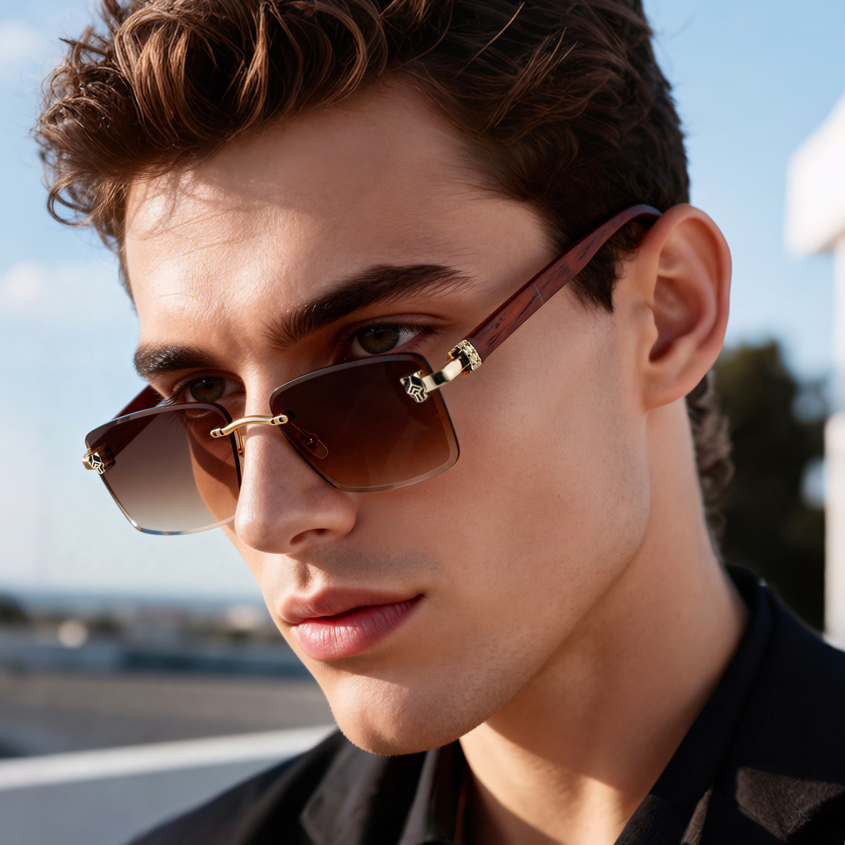 Men’s Rimless Rectangular Sunglasses with Retro Wood-Grain Temples - Image 2