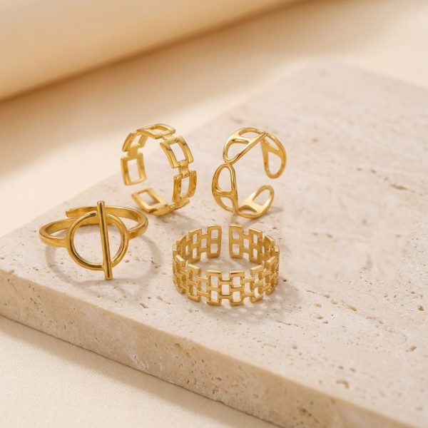 Women’s Titanium Steel Geometric Rings, Gold and Silver-Tone Minimalist Statement Jewelry