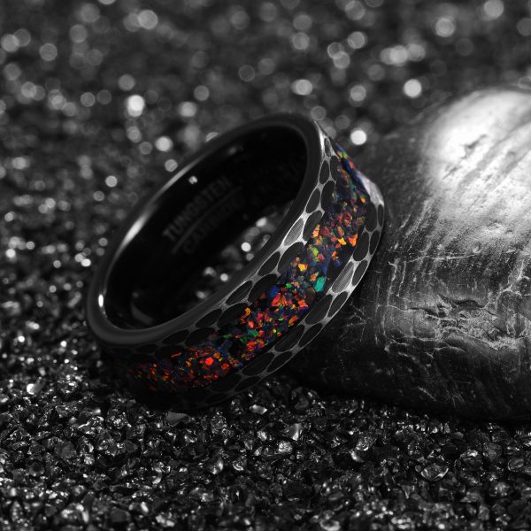 8 mm Black Edge Broken Opal Tungsten Ring