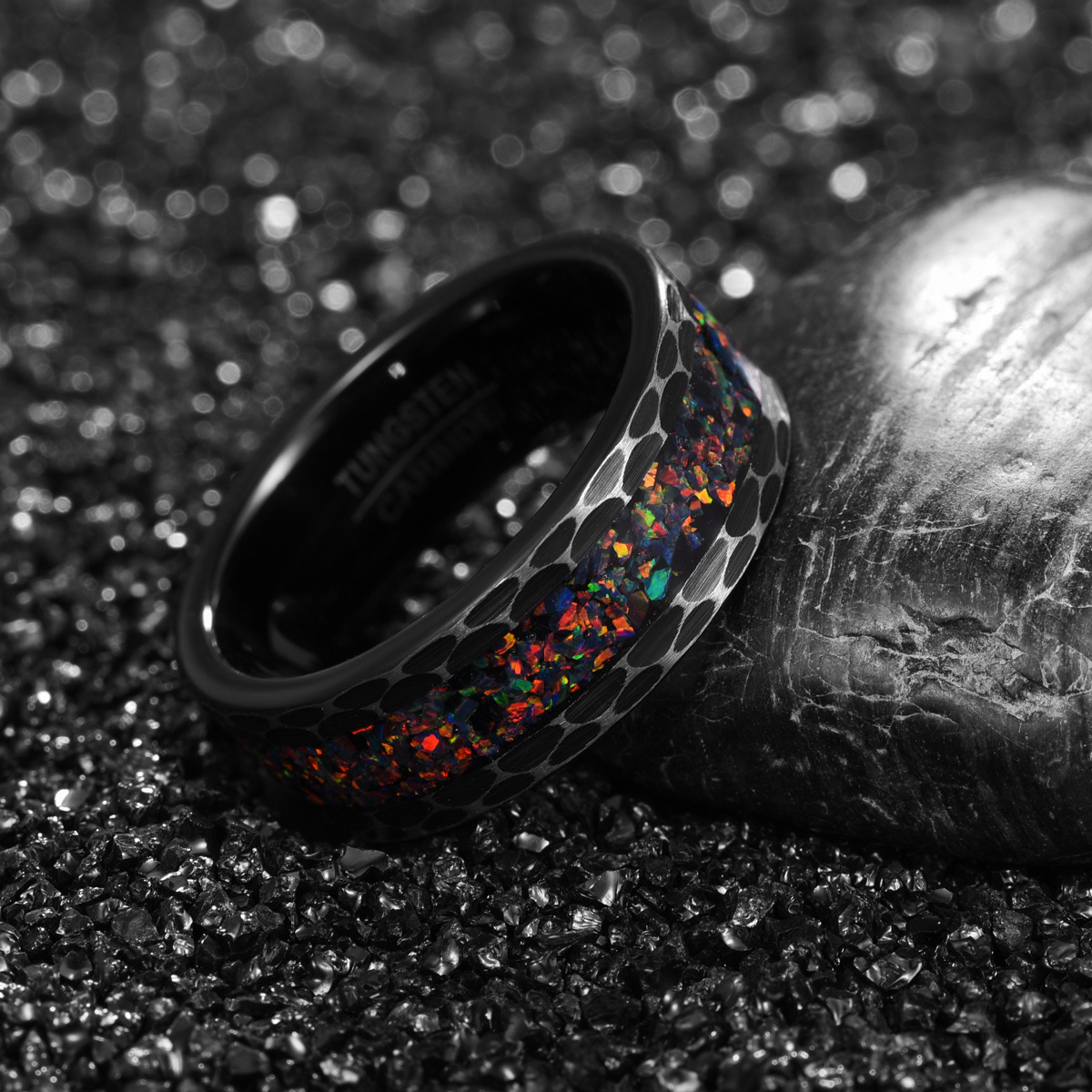 8 mm Black Edge Broken Opal Tungsten Ring
