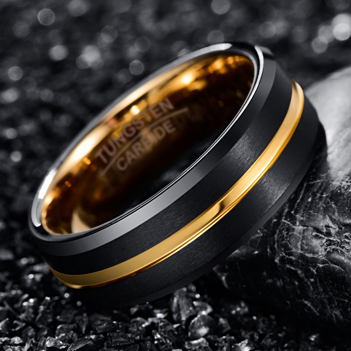 Black and Gold Frosted Tungsten Steel Ring - Image 3