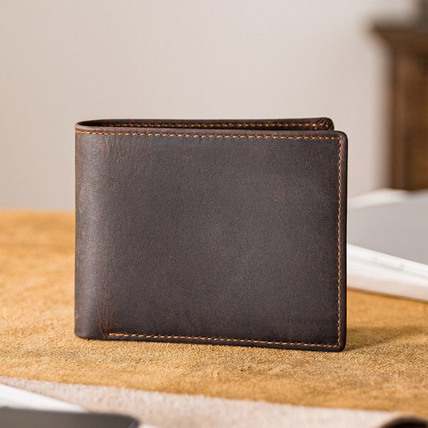 Men’s Handmade Full-Grain Cowhide Leather Bifold Wallet with ID Window
