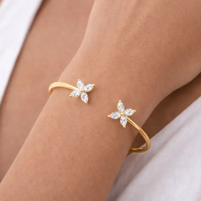 Double Butterfly Open Cuff Bracelet for Women – Gold-Tone Stainless Steel Bangle