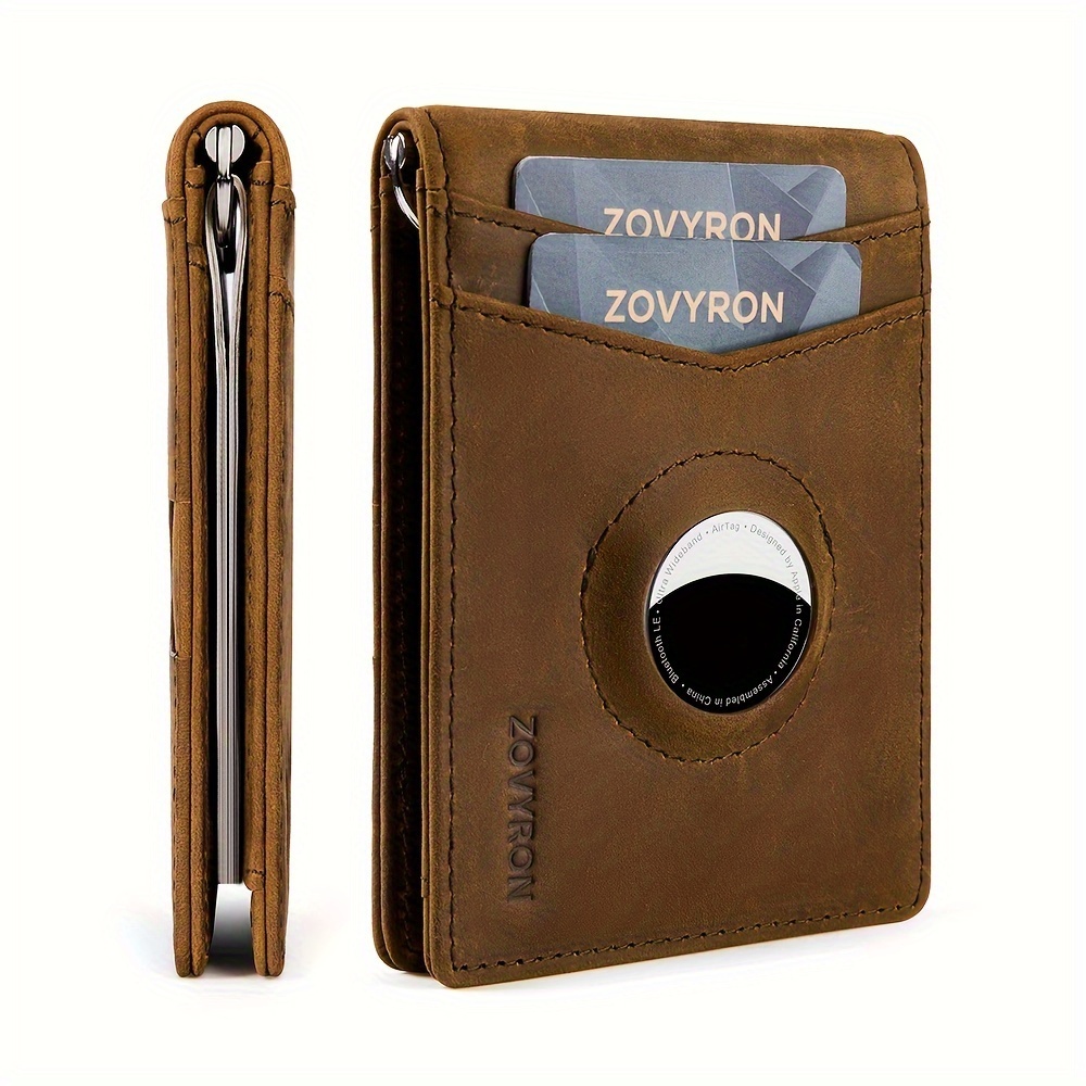 Men’s Slim Leather Bifold Wallet with AirTag Holder and Money Clip - Image 3